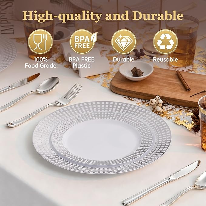 Fijinhom 100PCS Heavy Duty Silver Plastic Plates for 50 Guests, for Party, Wedding, Birthday, Dinnerware Set of 50PCS 10" Dinner Plates & 50PCS 7.5" (Silver)