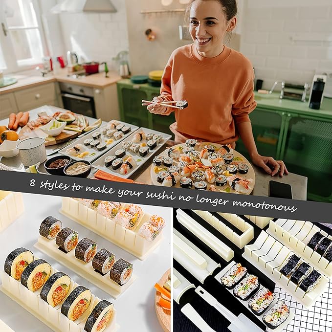HI NINGER Sushi Making Kit Deluxe Edition Heart Sushi Mold Press with 8 Sushi Rice Roll Mold Shapes 1 Fork 1 Spatula 1 Sushi Knife, Complete Sushi Maker Kit 12PCS DIY Home Sushi Tool