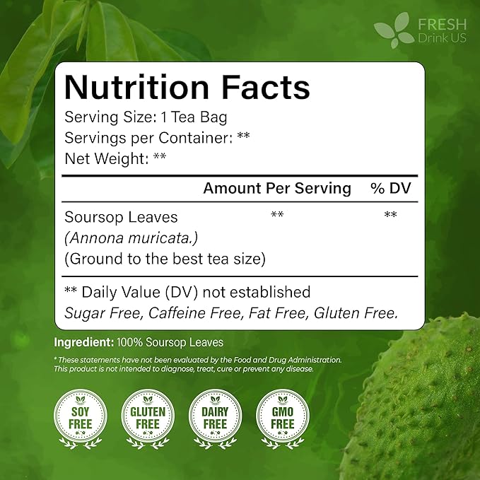 FreshDrinkUS, Premium Soursop Graviola Leaf Tea | 45 Tea Bags form Powder, 100% Natural and Pure, Handmade, Made With Natural Materials-Corn Fiber Tea Bag, Sugar/Caffeine Free, Hoja Guanabana Tea