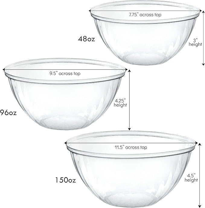 PLASTICPRO Disposable Combo Set of Salad Bowl With Lids Includes 2, 48 Ounce 2, 96 oz 2, 150 Ounce Round Crystal Clear Plastic Serving Bowl