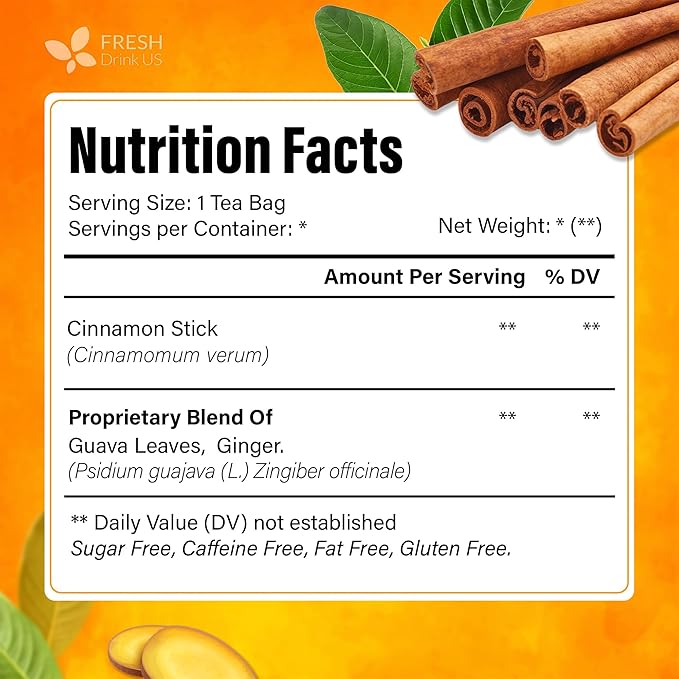 FreshDrinkUS, Premium Guava Vitality Tea | 75 Tea Bags | Guava Leaves, Cinnamon Stick & Ginger Herbal Tea – Caffeine Free Botanical Infusion – Warm & Aromatic Daily Tea – 100% Natural Ingredients