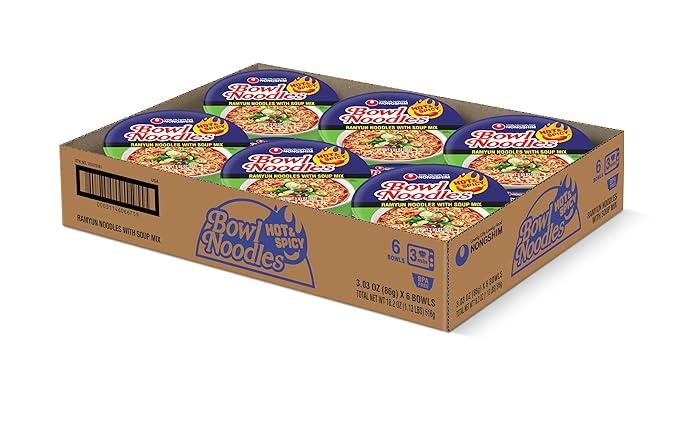 Nongshim Ramen Noodles, Gourmet Instant Ramen bowl, Premium Microwavable Noodle Soup, Hot & Spicy, 3.03 Ounce (Pack of 6)