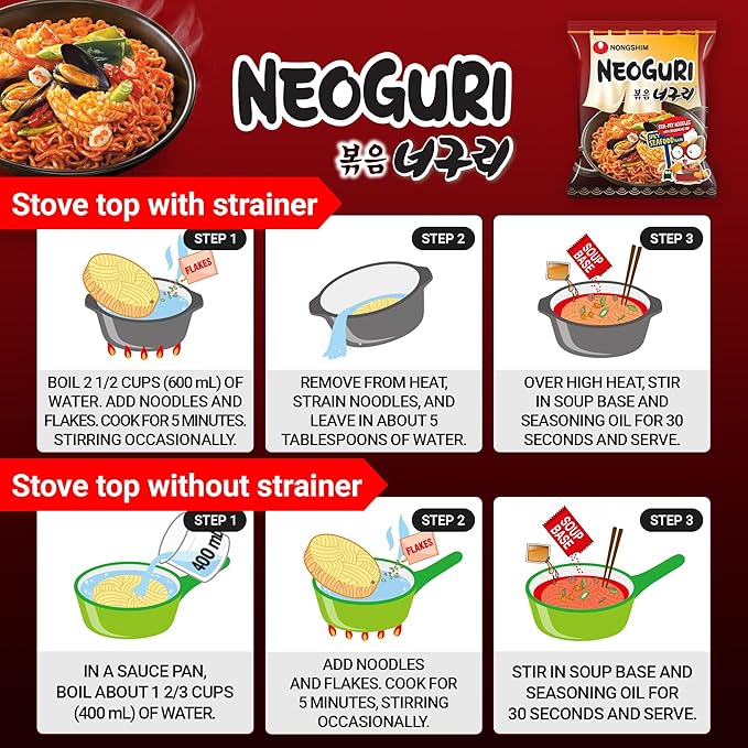 Nongshim Neoguri Spicy Seafood Stir Fry Ramyun Noodles, Seafood Flavored Korean Instant Noodles, Thick Noodles, Intense Chili Kick, 4.83 oz (Pack of 4)
