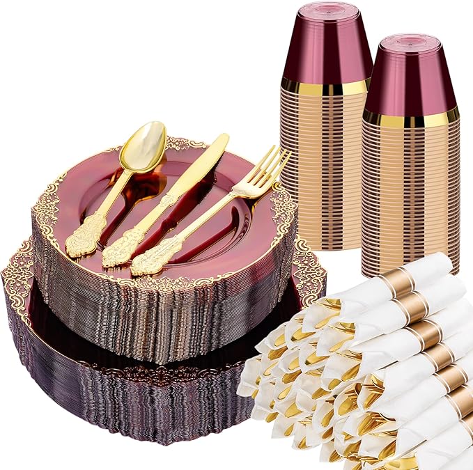 Bestluck 350 PCS Burgundy and Gold Plastic Plates, Disposable Dinnerware Set for 50 Guests, 100 Disposable Plates, 150 Silverwares, 50 Cups, 50 Napkins for Wedding, Party, Graduation