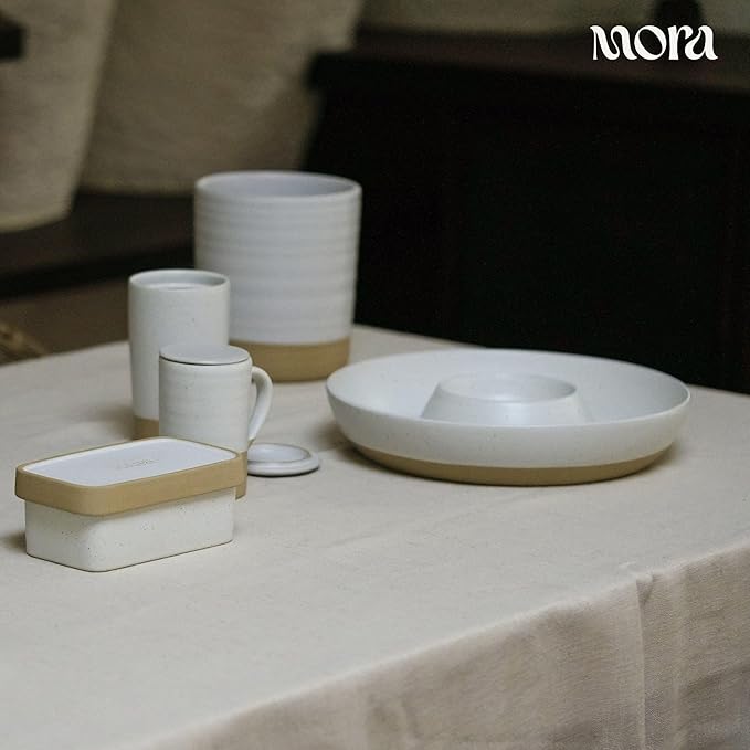 MORA Ceramic Chips and Dip Serving Tray: Large Divided Party Bowl Set for Chips & Salsa, Veggies & Dip, Fruit, Snacks, Entertaining, Hosting, etc. Minimalist Design for the Modern Hostess - Oat