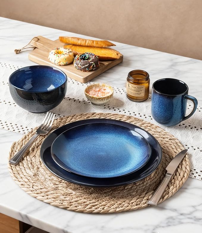 LERATIO Ceramic Dinner Plates Set of 6, 8.0 Inch Handmade Reactive Glaze Porcelain Plates, Coupe Shape Dinnerware Dishes Set for Kitchen,Oven& Microwave & Dishwasher Safe, Scratch Resistant-Blue