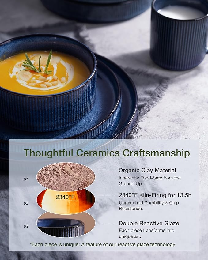 Famiware Star 18-Piece Reactive Glaze Plates and Bowls Sets, Service for 6 - Stoneware Dinnerware with Trim, Modern Rustic Dishes, Chip & Scratch Resistant, Microwave & Dishwasher Safe, Nebulas Blue