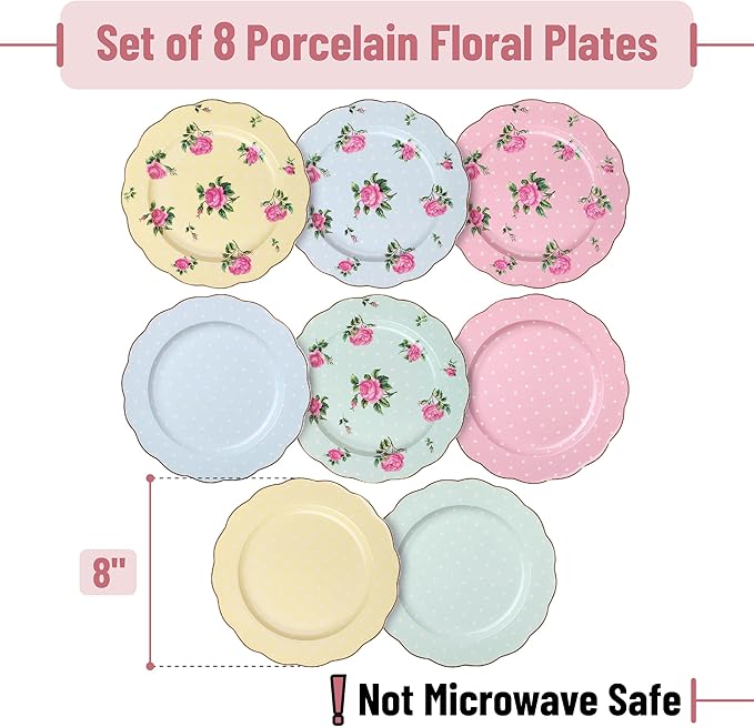 BTaT- Porcelain Floral Plates Set of 8, 8 Inch, Assorted Pastel Colors with Golden Rim, Floral Dessert Plates, Spring Dinnerware, Dishwasher & Freezer Safe