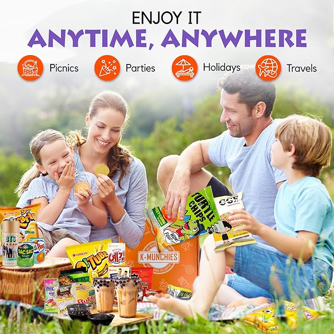 K-Munchies Asian Snacks Box - Snacks Variety Pack for Adults and Kids with Candy, Chips, Ramen, and Other Instant Food - Mystery Snack Box Treats for Family - With Free Chopsticks