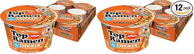 Nissin Top Ramen Bowl Ramen Noodle Soup,Chicken,3.42 Ounce,(Pack of 12)