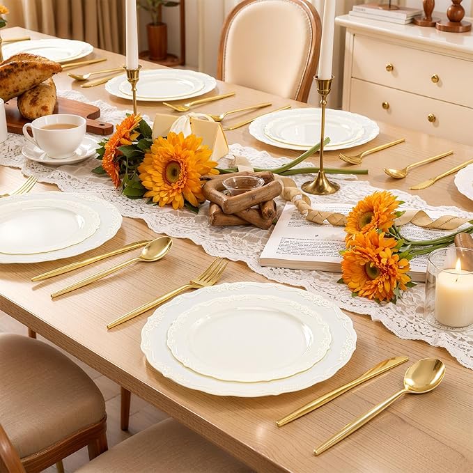 U-QE 100 Pieces Ivory Plastic Plates for Party - Ivory Disposable Plastic Plates - Heavy Duty Disposable Platos Including 50 Dinner 10 '' & 50 Dessert 7.5 '' for Weddings