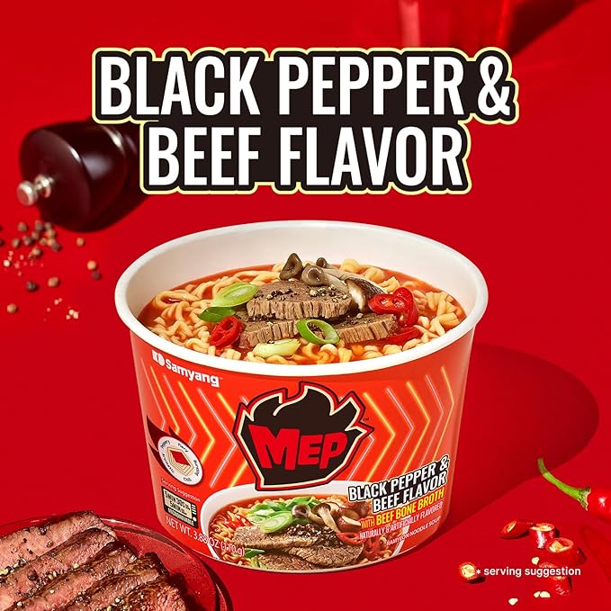 Samyang MEP Black Pepper Beef Ramen, Spicy Korean Instant Bowl Noodle Soup, Rich Bone Broth Ramyeon, Quick Microwave Meal, 3.88 oz (Pack of 6)