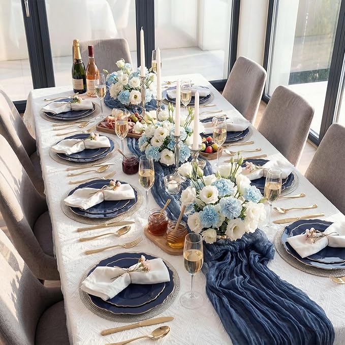 WDF 100pcs Blue Plastic Plates - Baroque Blue&Gold Disposable Plates for Parties/Wedding-50Plastic Dinner Plates 10.25in, 50Salad Plates 7.5in for Party/Birthday/Wedding/Independence Day