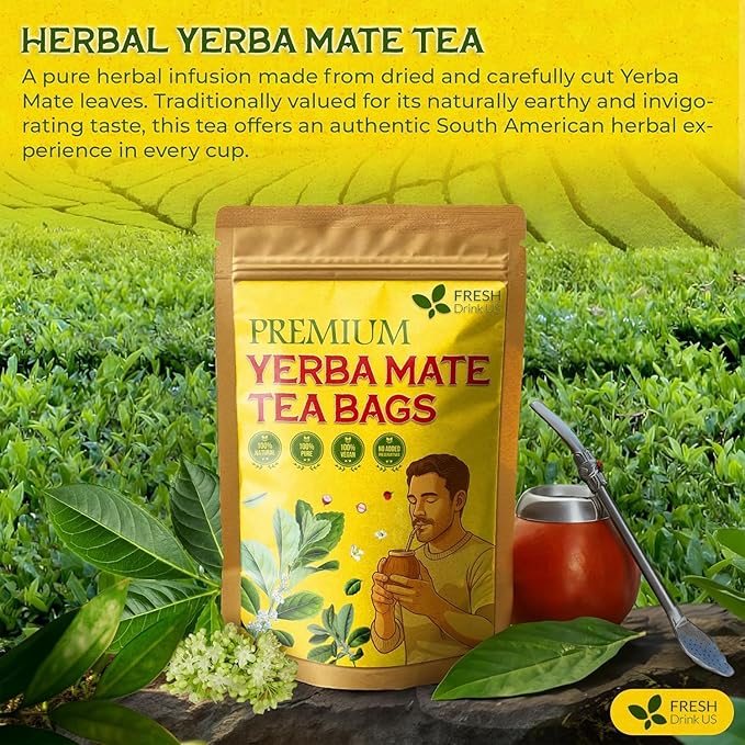 FreshDrinkUS, Yerba Mate Tea Bags | 120 Tea Bags | Traditional South American Herbal Tea – Smooth & Refreshing Flavor – Premium Quality, Sustainably Sourced. Vegan.