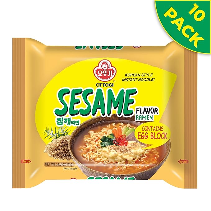 OTTOGI Spicy Sesame Flavor Ramen – Korean Instant Noodle with Egg Block, Spicy Sesame Broth, 4.05 oz (Pack of 10)
