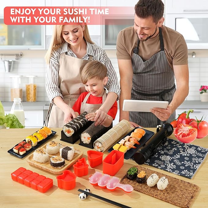 Sushi Maker Kit - 43-Piece Complete Set for Beginners with Sushi Bazooka Roller, Onigiri Mold, Nigiri Maker, Bamboo Rolling Mat & Accessories | Easy DIY Sushi Preparation at Home