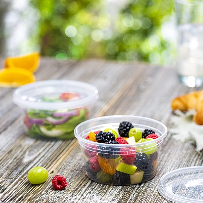 ELEGANT DISPOSABLES 12 OZ - 24 Sets Plastic Deli Food Storage Containers with Airtight Flexible Lids Microwavable, Leak Free, Washable, Freezer Safe.