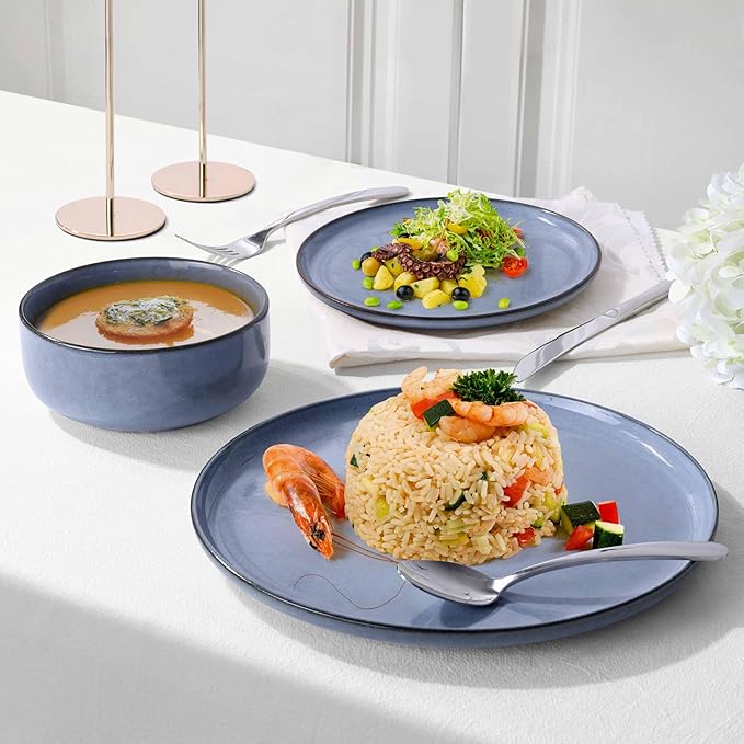 Herogo 4-Piece Stoneware Dinner Plates Set, 10.43" Ceramic Round Plate Set, Handmade Double Reactive Glaze Dinnerware Plates for Kitchen, Microwave, Oven and Dishwasher Safe, Haze Blue