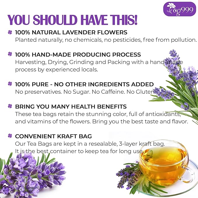 TOG999, Premium 120 Lavender Flower Tea Bags, 100% Natural & Pure. Loose Flower Lavender Herbal Tea. No Sugar, No Caffeine, No Gluten, Vegan.