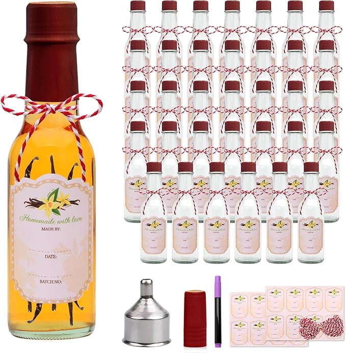5oz Hot Sauce Bottles with Lids,Clear Woozy Bottles with Shrink Capsules,Small Wine Making Bottles With Lids for Bottling,Empty 5oz Glass Vanilla Extract Bottles With Red Caps Set of 35