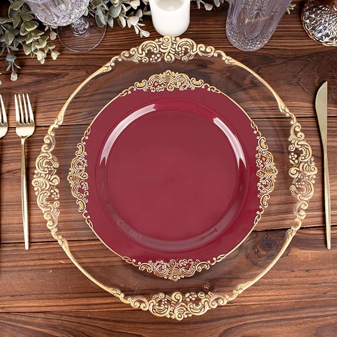 Efavormart 10 Pack | 10" Burgundy and Gold Baroque Dinner Plates, Leaf Embossed Metallic Rim Heavy Duty Serving Plates for Autumn Banquets