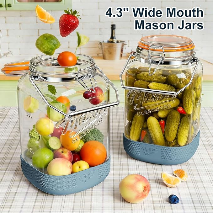 2 Pack 1.5 Gallon Glass Jar With Airtight Lid, Square Large Mason Jars Wide Mouth with Scale Marks and Stainless Steel Handle-192 Oz Non-slip Glass Storage Containers for Flour Sugar Cookie