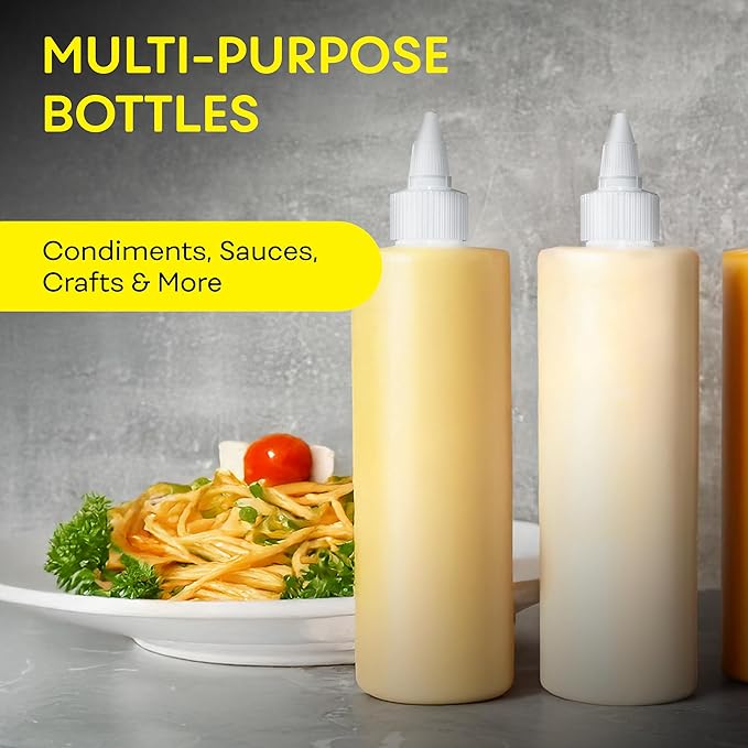 BRIGHTFROM Condiment Squeeze Bottles, 16 OZ Empty Squirt Bottle with Twist Top Cap, Leak Proof - Great for Ketchup, Mustard, Syrup, Sauces, Dressing, Oil, Arts and Crafts, BPA FREE Plastic - 4 PACK