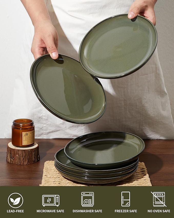 Pokini 8 Inch Ceramic Plates Set, Microwave Safe Plates, Kitchen Serving Dishes, Scratch Resistant and Dishwasher Safe, Blackish Green