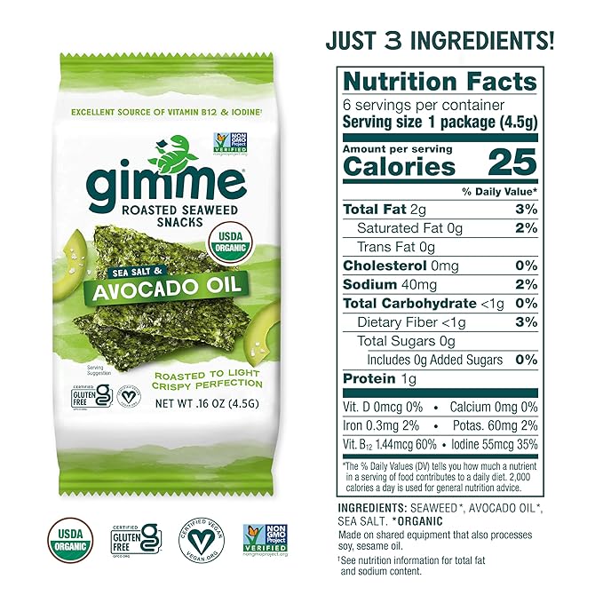 Gimme Seaweed Organic Premium Roasted Seaweed Snacks,Sea Salt & Avocado Oil,Keto,Vegan,Gluten-Free,Great Source of Omega3s and Iodine,Healthy On-The-Go Snack for Kids and Adults,6 Count (Pack of 2)