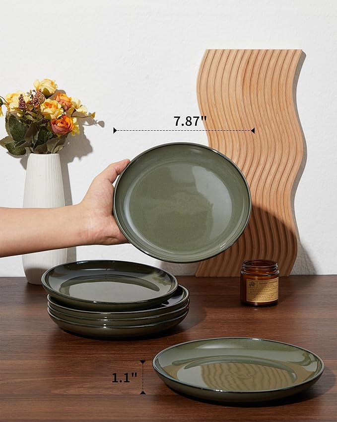 Pokini 8 Inch Ceramic Plates Set, Microwave Safe Plates, Kitchen Serving Dishes, Scratch Resistant and Dishwasher Safe, Blackish Green