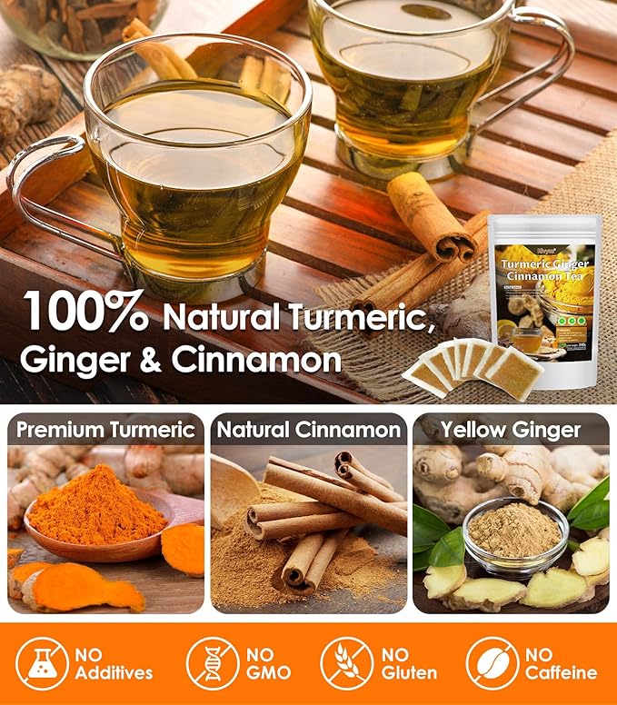 120 Bags Turmeric Ginger Cinnamon Tea, Natural Turmeric Herbal Tea, Improve Digestion, Support Skin, Sleep, Eco-Conscious Teabags, No Sugar, No Caffeine, No Gluten(120pcs, 240g)