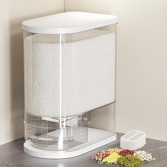 SYNCVIBE Rice Dispenser 22-25 Lbs Rice Storage Container with Measuring Cup Moisture Proof, Large Cereal Dry Food Storage, Household Airtight Food Dispenser Bucket for Kitchen Pantry Organization