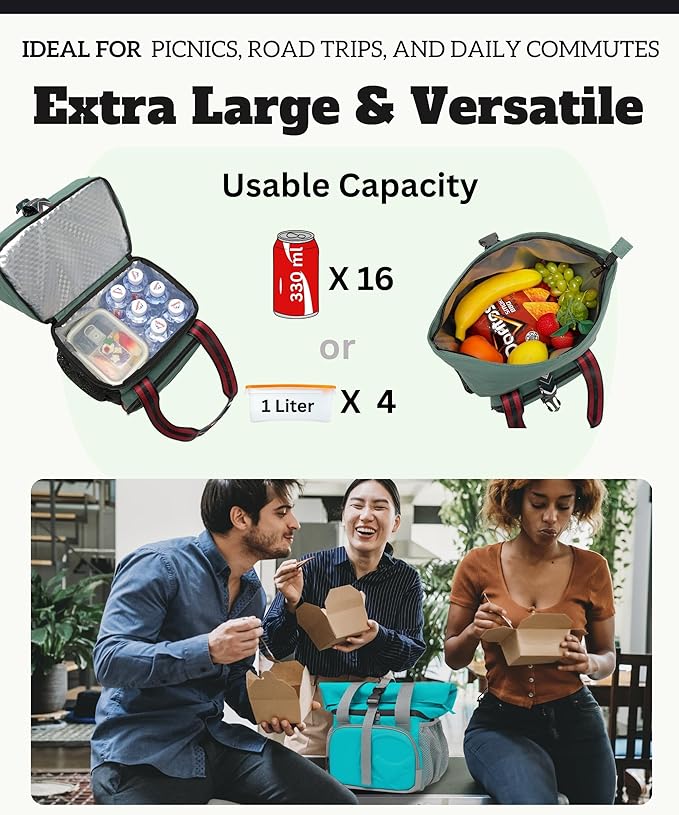 SUNNY BIRD Dual Compartment Lunch Bag Insulated Lunch Box for Women and Men (Green with boho strap)