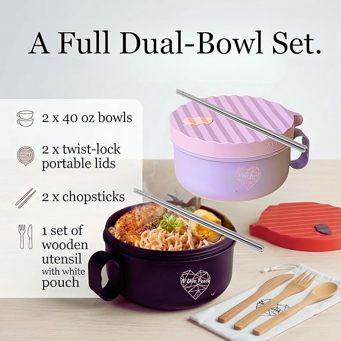 AI LOVE PEACE Soup and Ramen Bowl Set of 2, 40 oz Microwaveable Noodle Bowls with Lids, Dishwasher Safe for Pho, Pasta, Rice, Oatmeal, Work Lunch (Purple & Red)