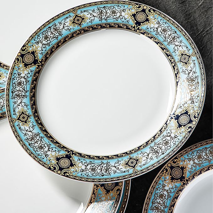 8 Piece Dinnerware Set for 4，Luxury Blue and Gold Porcelain Dinner Plate Set, Ornate Vintage Pattern Ceramic Tableware for Fine Dining, Wedding, Home Decor, Premium Dish sets for Steak and Dessert