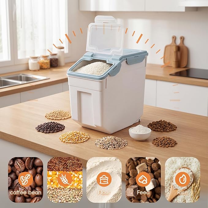 2 Pack 55 Lbs Airtight Rice Storage Container, Large Pantry Bin with Locking Lid & Wheels, Food-Grade PP Dry Goods Dispenser with Measuring Cup for Flour Grain Cereal Pet Food Kitchen Organization Bl