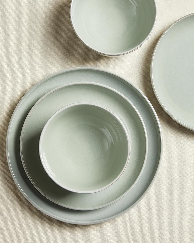 Pokini 24 Piece Dinnerware Set for 8, Santorini Mist Terracotta Plates and Bowls Sets, Complete Stoneware Dish Set for Large Families and Entertaining, Microwave & Dishwasher Safe, Slate Green