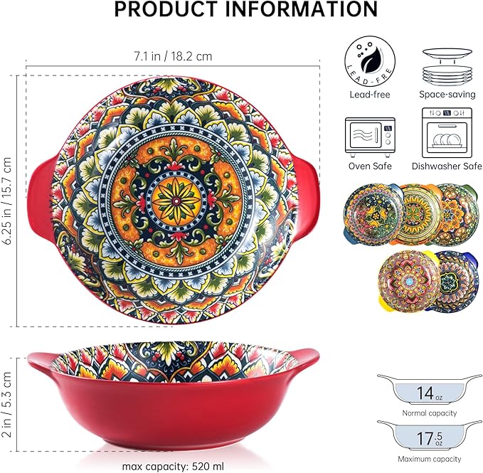 Henten Home Ceramic Soup Bowls Set, 14 oz Cereal Bowl Set of 6, Small Dessert Bowls with Handle, Boho Serving Bowls Set for Kitchen, Snack, Salad, Microwave & Dishwasher Safe