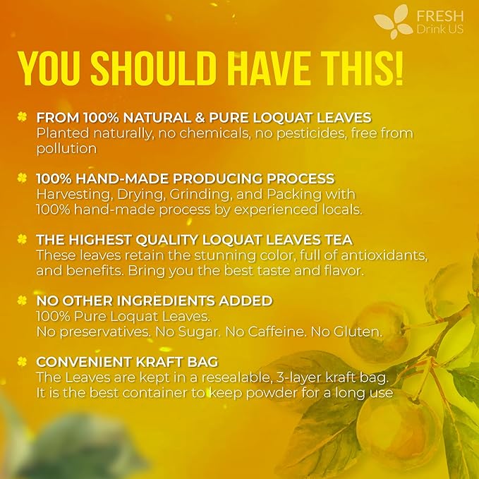 FreshDrinkUS, Premium 8oz Loquat Leaves | Dried Loquat Loose Leaf Tea | Eriobotrya japonica | Naturally Dried, Cut & Sifted | Herbal Tea Ingredient. Sugar-Free. Caffeine-Free. Vegan