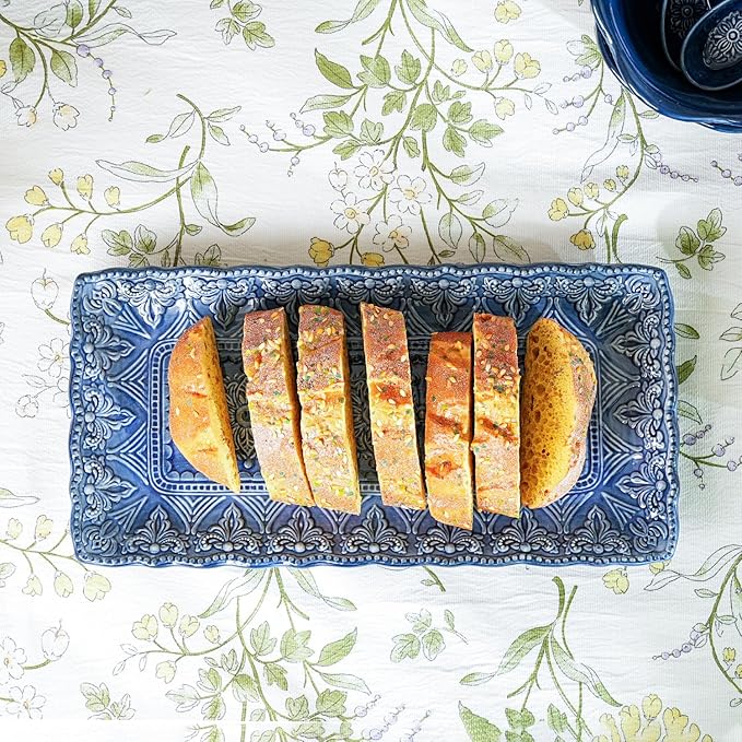 Sungmor Embossed Stoneware Fine Dining Dinnerware, Antique Baroque Style 14" Long Rectangular Porcelain Serving Platter Set of 2, Sophisticated Ceramic Dish for Party Cookies, Fruit, Cheeses & Dessert