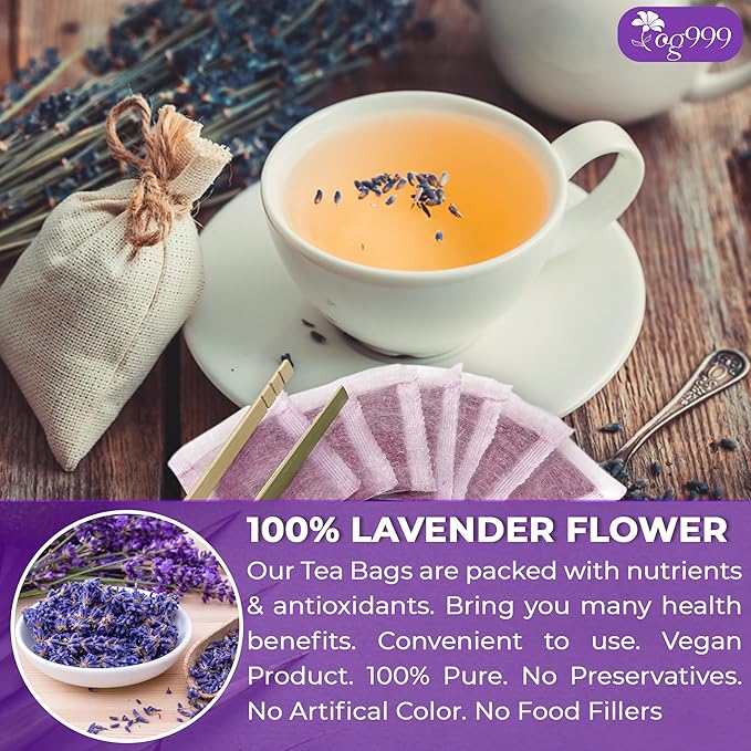 TOG999, Premium 120 Lavender Flower Tea Bags, 100% Natural & Pure. Loose Flower Lavender Herbal Tea. No Sugar, No Caffeine, No Gluten, Vegan.