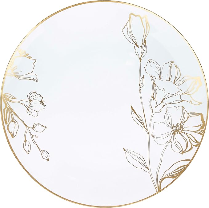 PLASTICPRO White Plastic Floral Design Party Plates With Gold Rim Premium heavyweight Elegant Disposable Tableware Dishes (120, 10'' INCH PLATES)