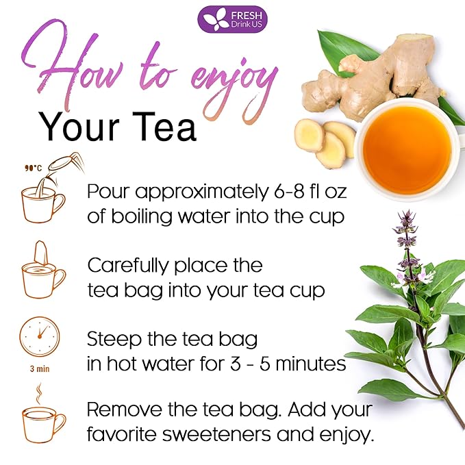 FreshDrinkUS, Premium 55 Ginger Tulsi Tea Bags, 100% Natural, Hand-made Blend of Ginger and Tulsi Holy Basil Leaves, Eco-conscious Tea Bags. Herbal Tea. No Sugar, No Caffeine, Vegan.
