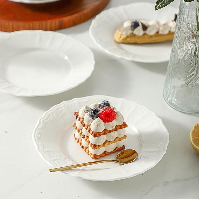 Neaylfe 8 Piece Embossed Ceramic Appetizer & Dessert Plates, 7.5 Inch White Round Salad Plate, Porcelain Dinner Dishes for Dessert, Cake, Snack, Waffles, Dishwasher & Microwave Safe