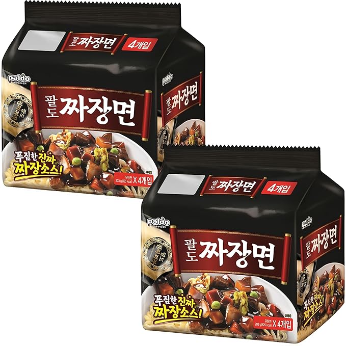 Paldo Fun & Yum Jjajangmen Instant Noodles, Pack of 8, Brothless Chajang Ramen with Savory & Sweet Black Bean Sauce, Best Oriental Style Korean Ramyun, Soupless K-Food, 팔도 짜장면 203g x 8