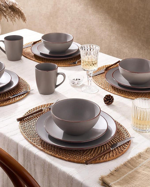Famiware Venus 24-Piece Stoneware Dinnerware Sets with Mugs, Plates, Bowls, Service for 6, Matte Dark Gray - Modern Ceramic Chip‑Resistant Dishes for Everyday & Formal Use, Microwave & Dishwasher Safe
