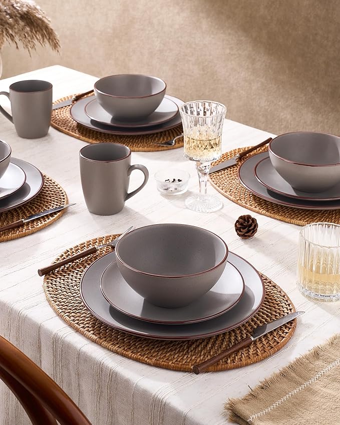 Famiware Venus 16-Piece Stoneware Dinnerware Sets with Mugs, Plates, Bowls, Service for 4, Matte Dark Gray - Modern Ceramic Chip‑Resistant Dishes for Everyday & Formal Use, Microwave & Dishwasher Safe