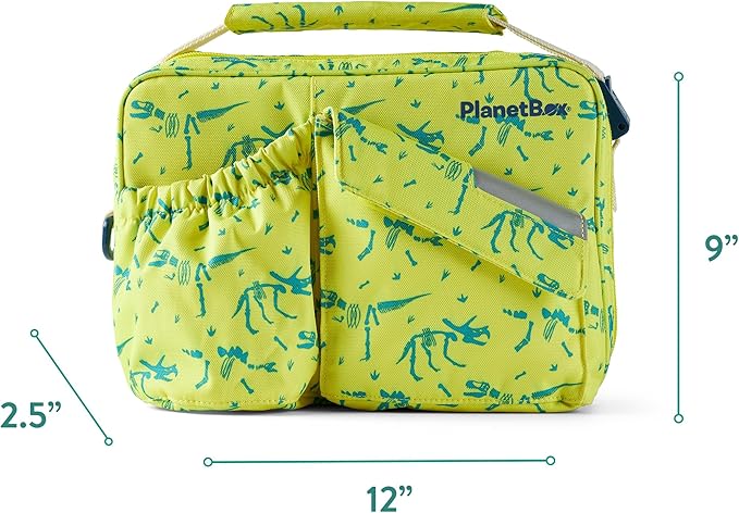 PlanetBox Insulated Lunch Bag – Banana Dino Edition Carry Bag with Pockets for Water Bottle and Snacks – Durable, Easy to Clean, and BPA Free