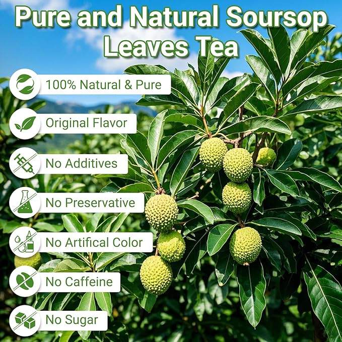 Soursop Leaves Tea Bags, Premium Soursop Graviola Leaves Herbal Tea, Pure & Natural Soursop Leaves for Digestion, Support Healthy Skin & Sleep, No Additives, Caffeine Free (100 Bags/2 Pack)