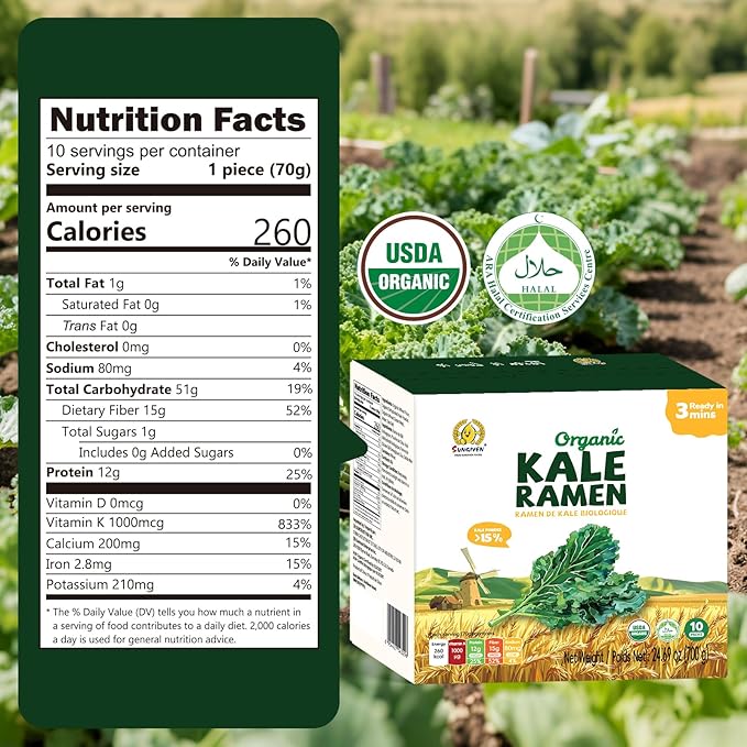 SUNGIVEN Organic Ramen Noodles Kale Healthy Low Sodium Ready in 3 Minutes Non-Fried Instant No Additives or Preservatives 2.47 OZ (Pack of 10)